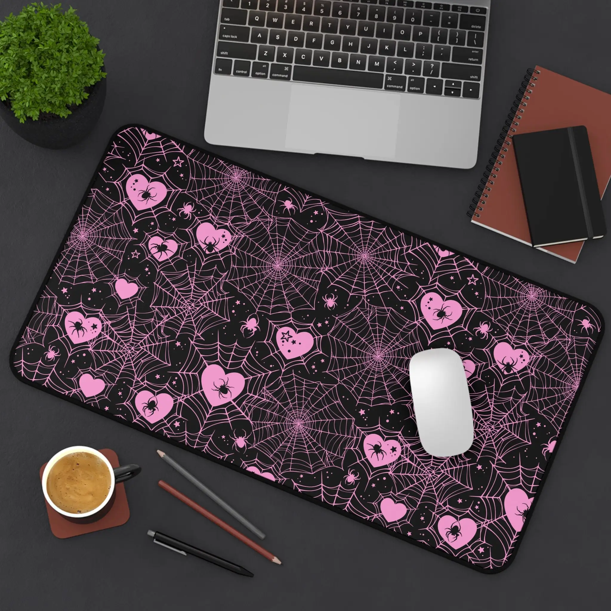Pink Spiderweb Hearts Desk Mat Pastel Kawaii Gothic Cute Computer Laptop Office Tech Gaming Setup Mouse Pad Gifts Presents