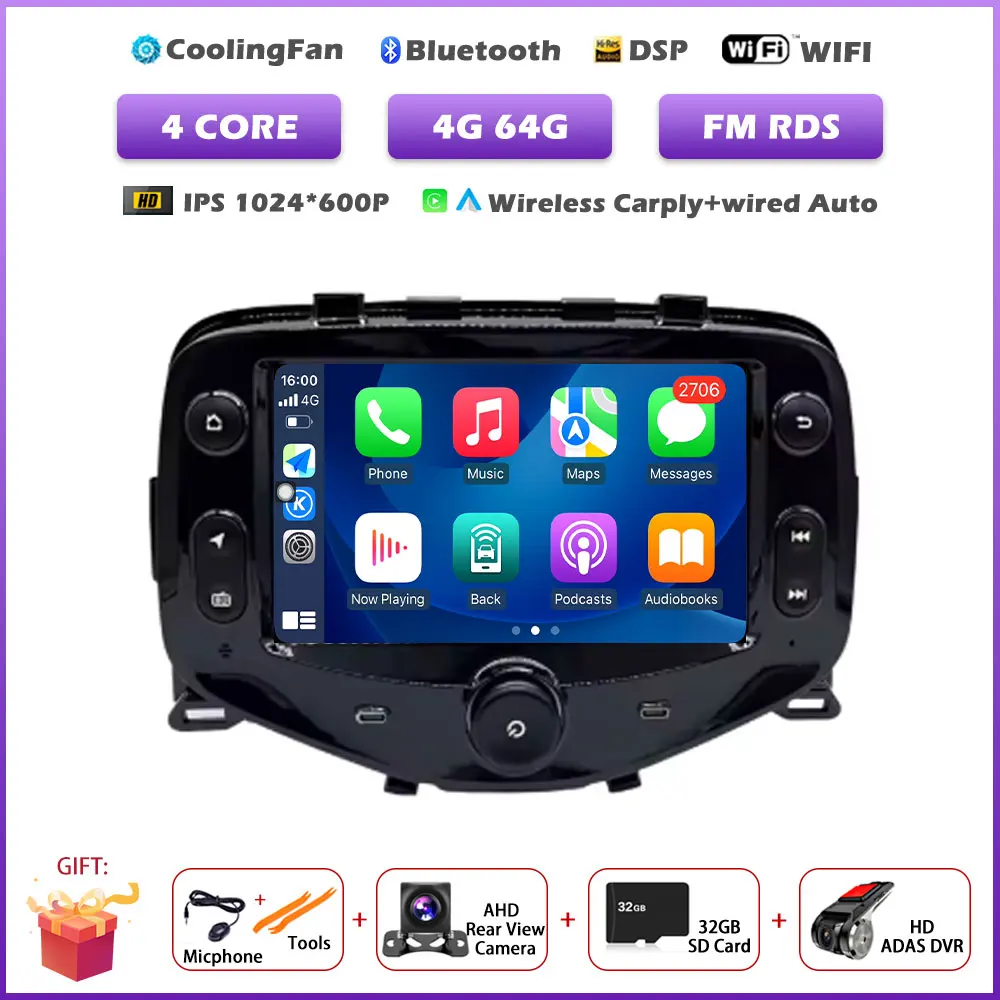 Android 16 Auto Autoradio voor Toyota Aygo Peugeot 108 Citroen C1 2014-2021 Multimedia Videospeler Navigatie Stereo GPS apparatuur