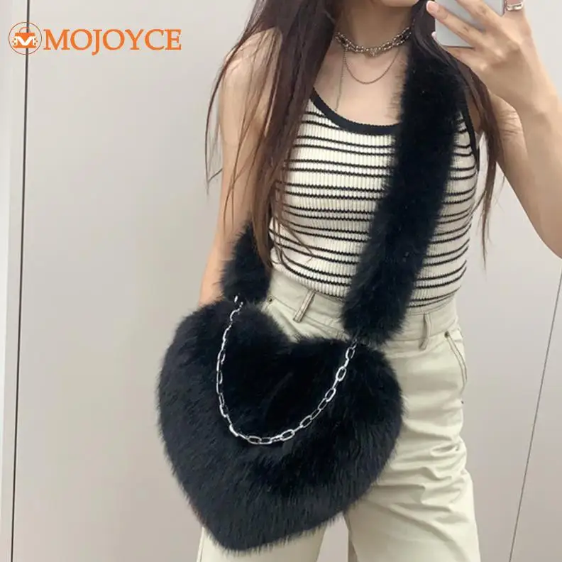 Women's Soft Faux Fur Crossbody Bag Y2K Heart Plush Retro Shoulder Bag Autumn&Winter Fluffy Chain Tote Handbag Versatile Satchel