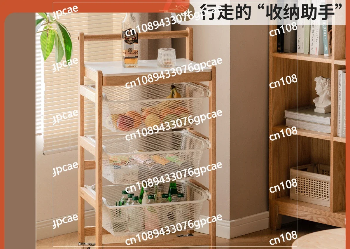 Solid Wood Mobile Storage Rack Japanese Trolley Storage Snack Rack Oak Rock Board Edge Few Vegetable Baskets