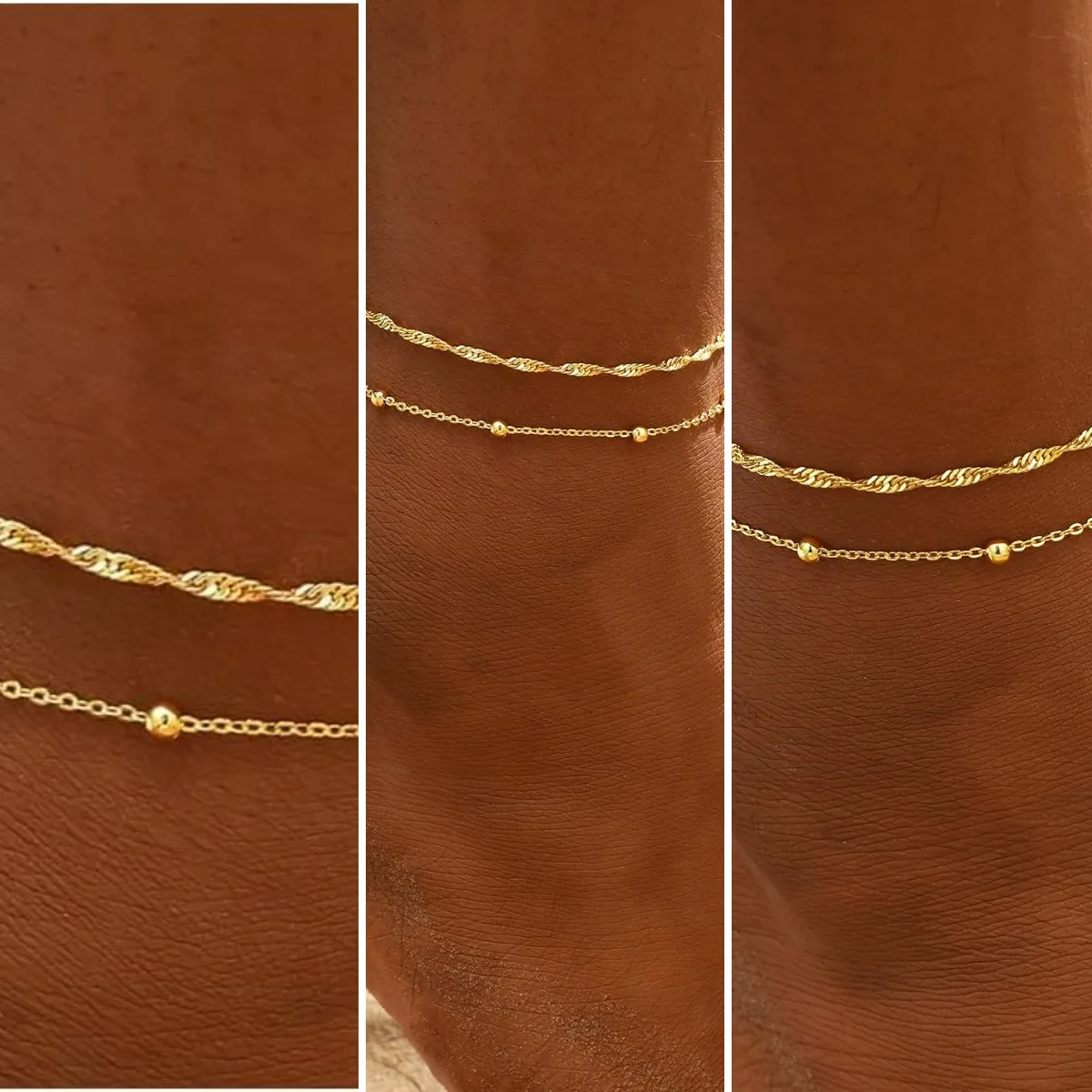 2/3 PCS Gold Anklets for Women Waterproof Cuban Link Anklet Beaded Bracelets Stackable Bracelets 14K Gold Plated Custom Jewelry