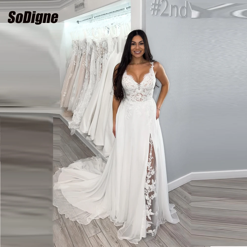 

﻿ SoDigne A-line Wedding Dresses Sleeveless V-neck Lace Appliques Bridal Dress Long Bride Gown vestidos de novia Customized