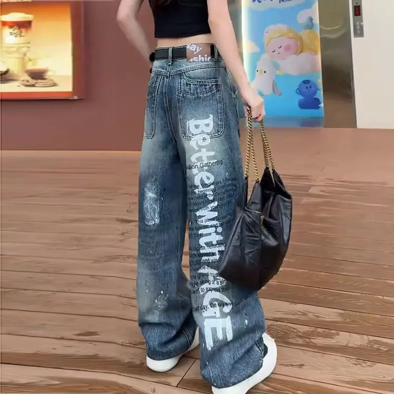 Women's Letter Print Pattern Denim Jeans Street Pants Casual Bottoms Unisex Wide Leg Sweatpants Female High Waist Loose Trousers