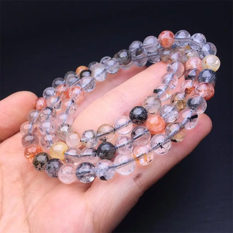 

7MM Natural Colored Herkimer Diamond Triple Circle Bracelet Women Beautiful Energy Healing Fashion Gemstone Jewelry Gift 1PCS