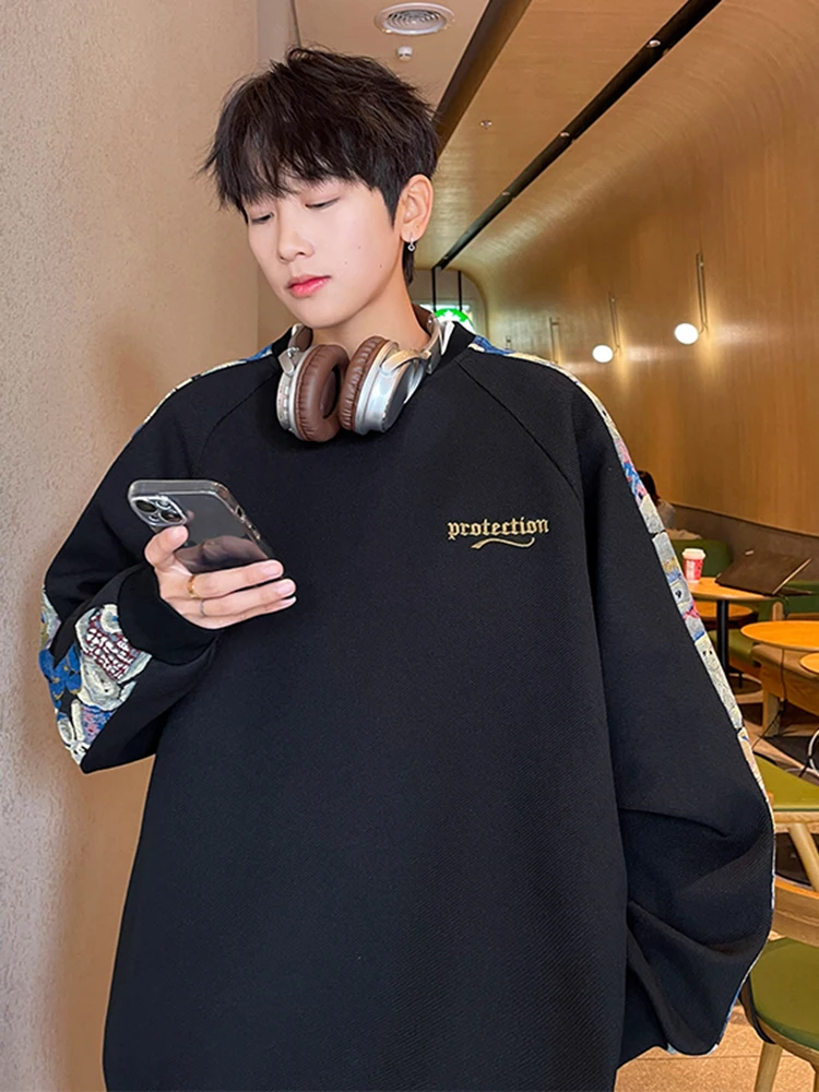 

Loose Fit round Ne Men's Hoodie Fake Two-Piece Spring Autumn Trendy Brand Embroidered Casual Streetwear American Sle