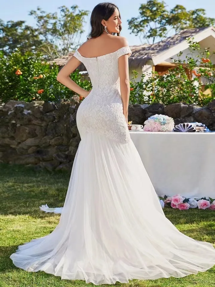 New Mermaid Wedding Dress Slim Fit One Shoulder Long Lace Tie Fishtail Wedding Dress