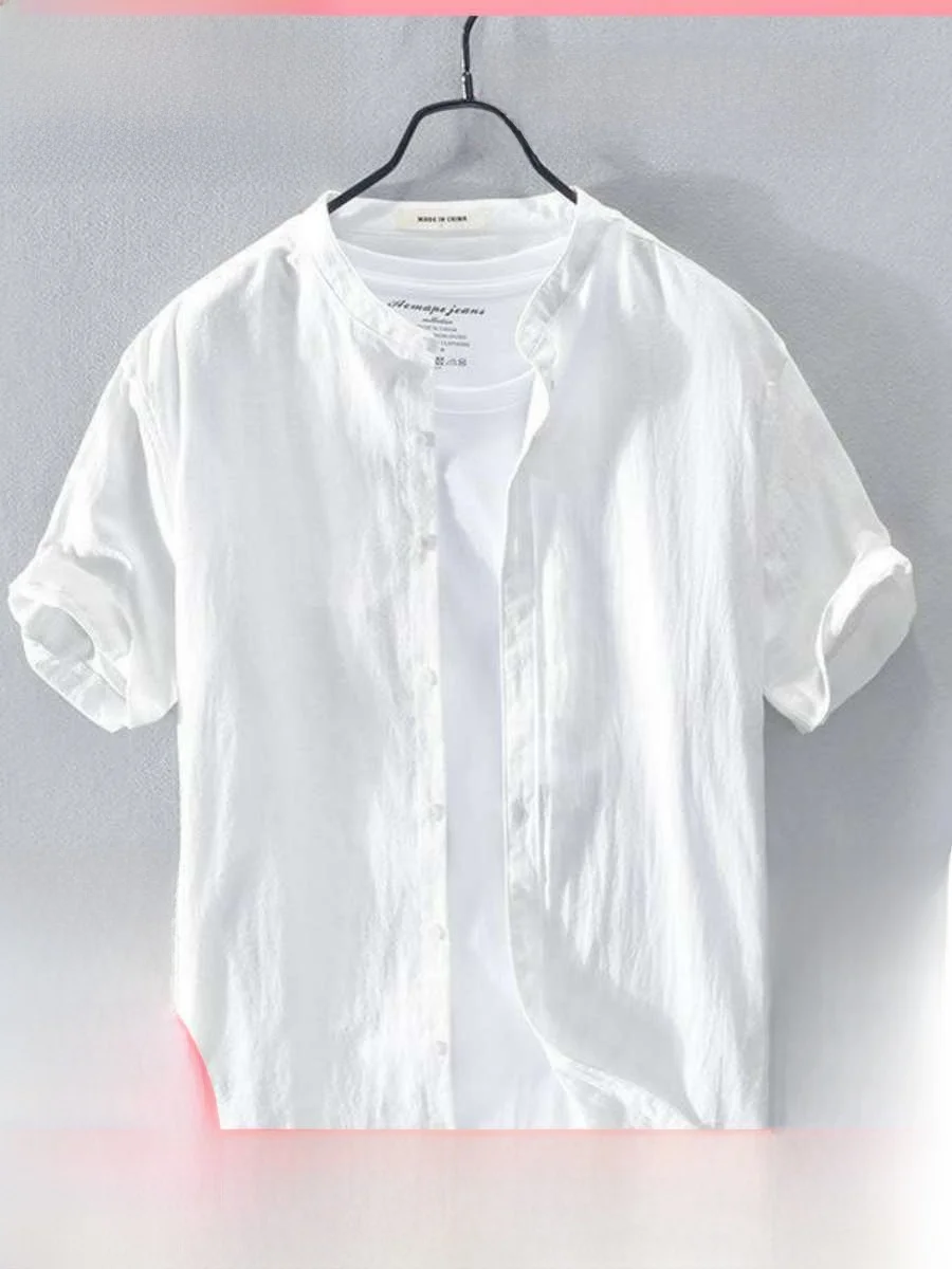 

New Men's Linen irt ort Sve Stand Collar Summer Thin Loose Cotton Linen Casual White irt Fre Sle Spring 2023