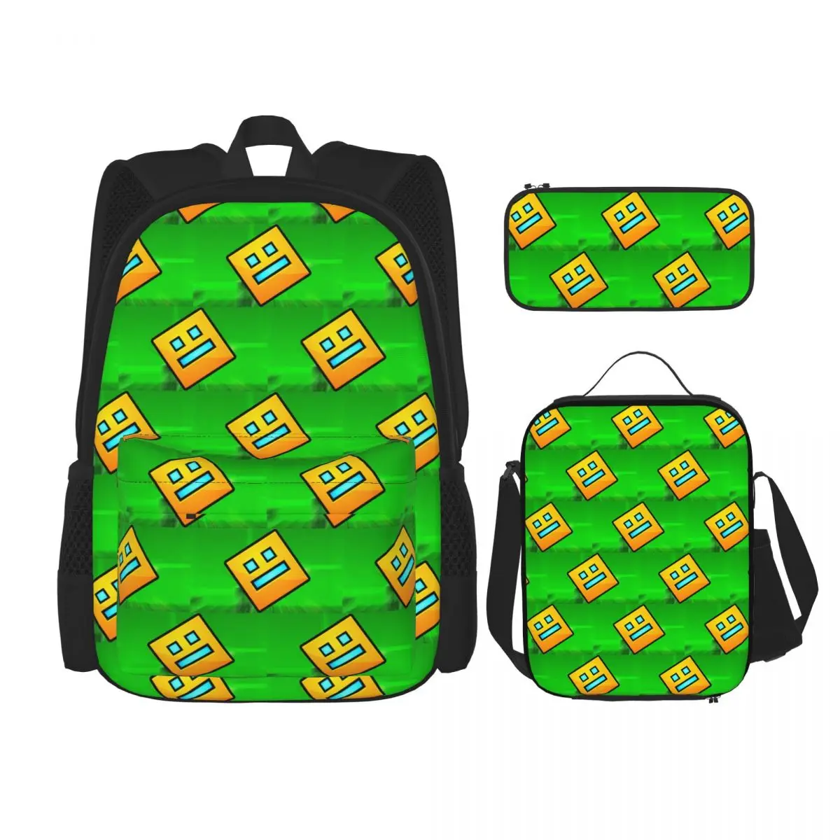 

Video Game Geometry Dash Backpacks Kids Bookbag School Bags Rucksack Lunch Bag Pen Bag Three-Piece Set