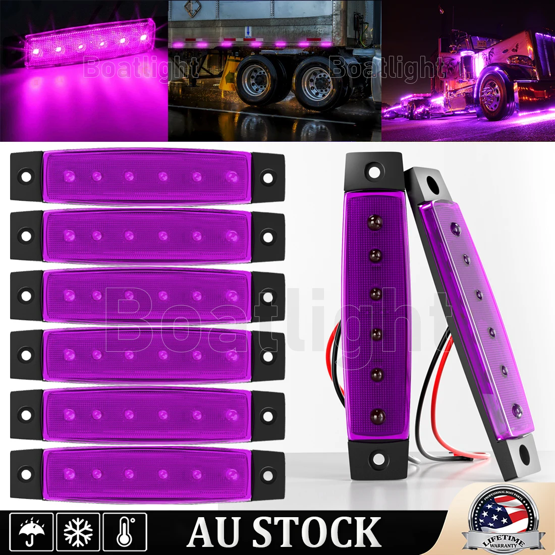 8pcs Side Marker Lights 3.8 Inch Purple Waterproof 6 LED Indicator Light Truck Trailer Bus RV Clearance Lamp