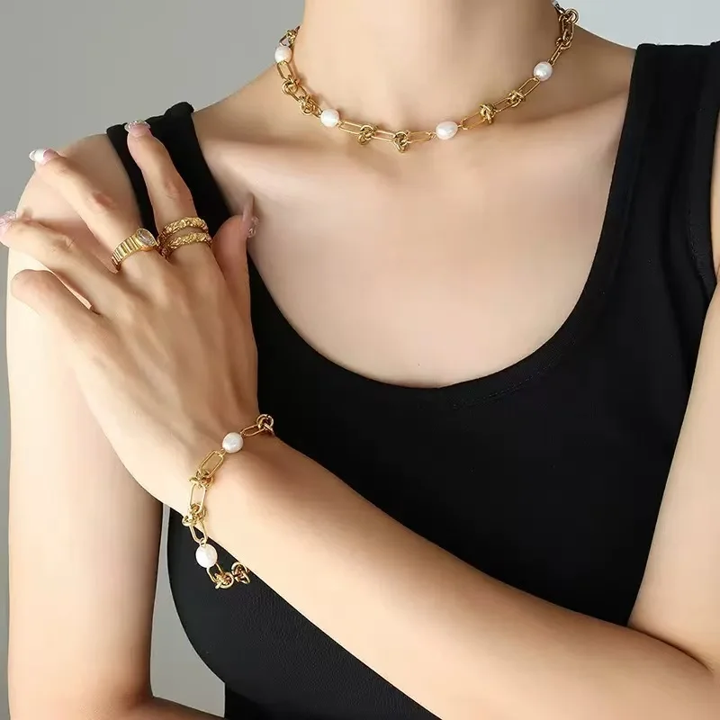 EILIECK 316L Stainless Steel Metal Gold Color Pearl Knot Chain Necklace Bracelet Set For Women Fashion Statement Jewelry Gift