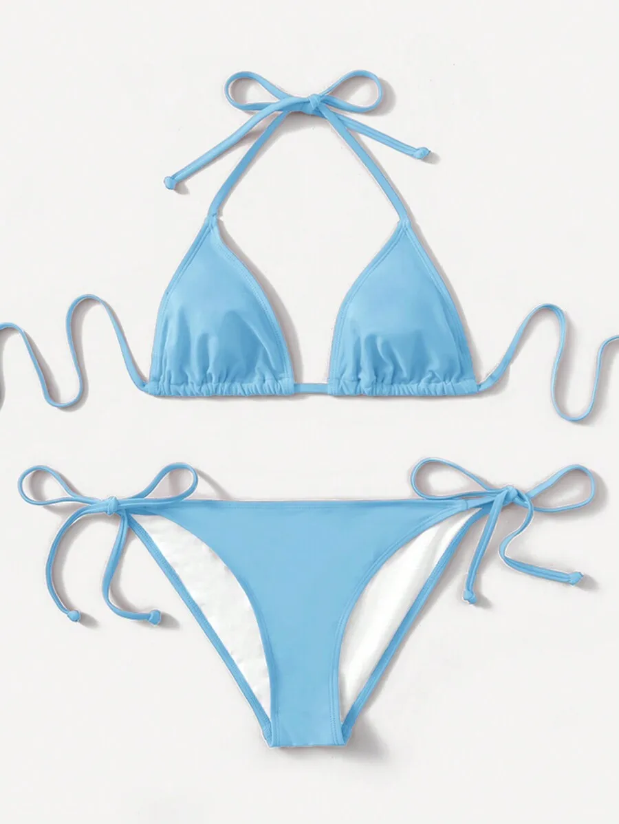 

Light Blue Triangle Halter Top With Adjustable Side Tie Bottom Bikini Set For Summer Beach Wear