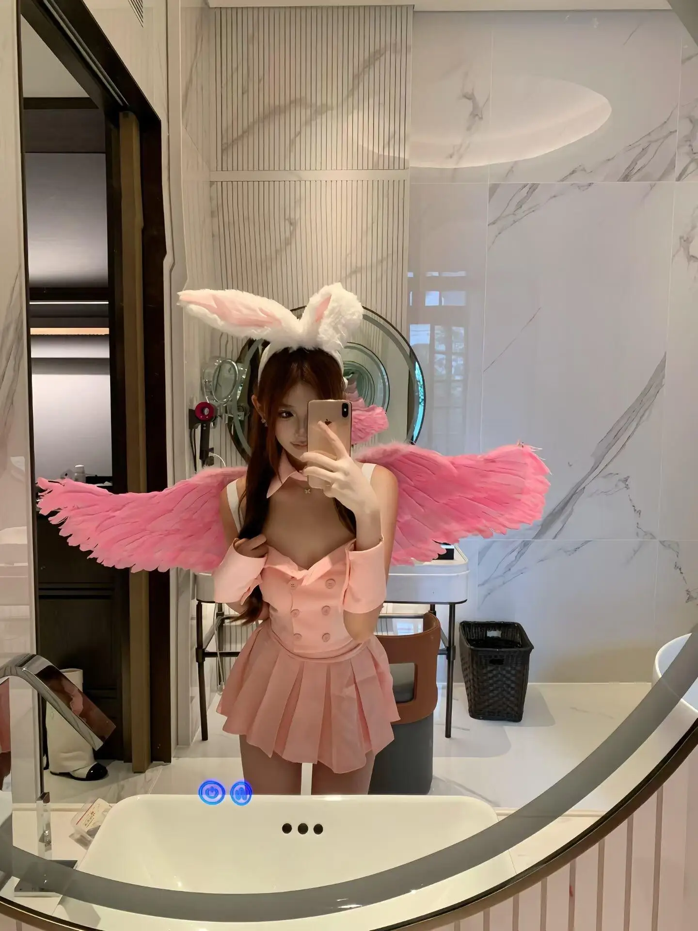 

Pink Rabbit Costume Set with Strapl Vest And Pleated Skirt by 7iAe Perfect for Cisas Cosplay And Stage Performances