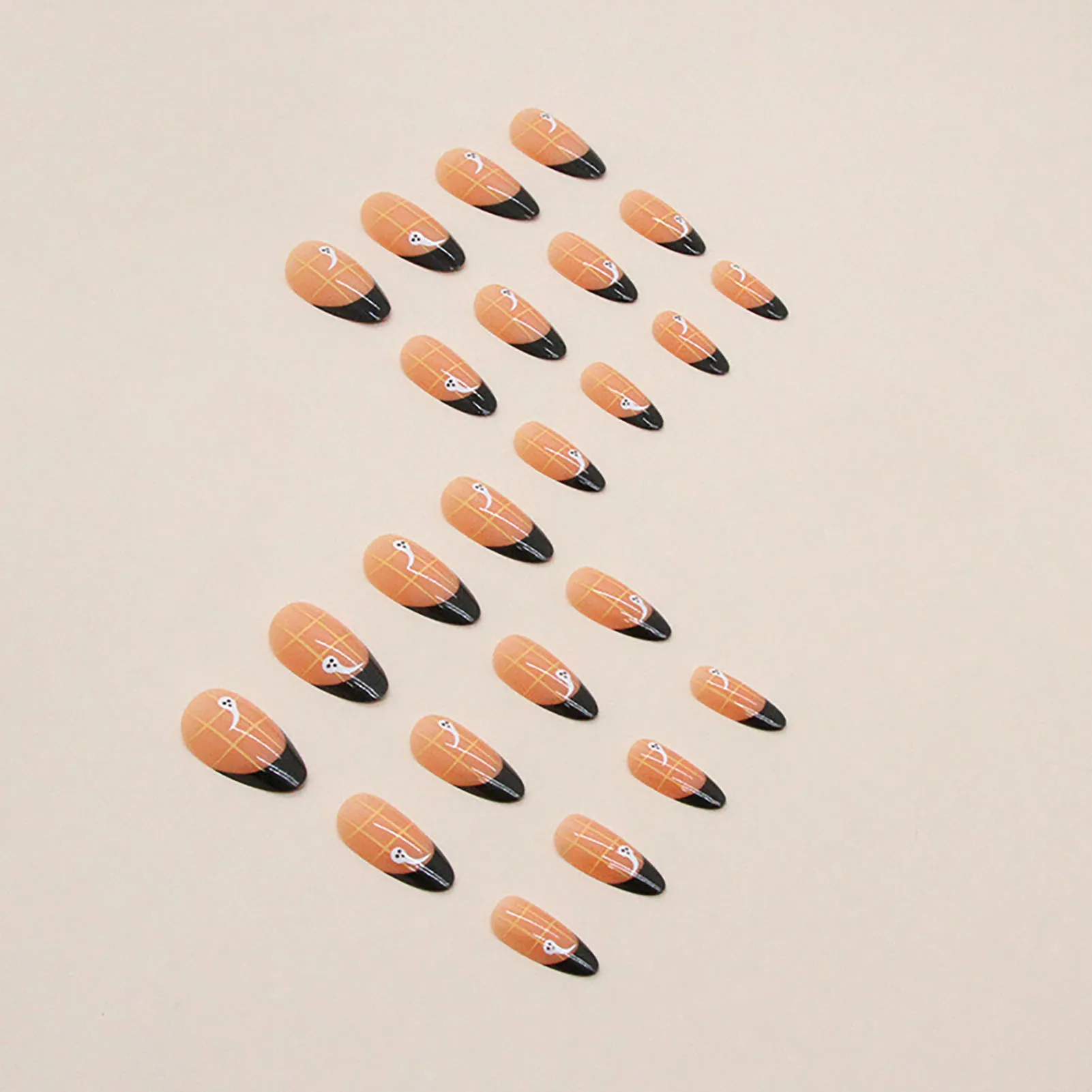 Grid Printed Nude Almond False Nails Charming Comfortable to Wear Manicure Nails for Stage Performance Wear