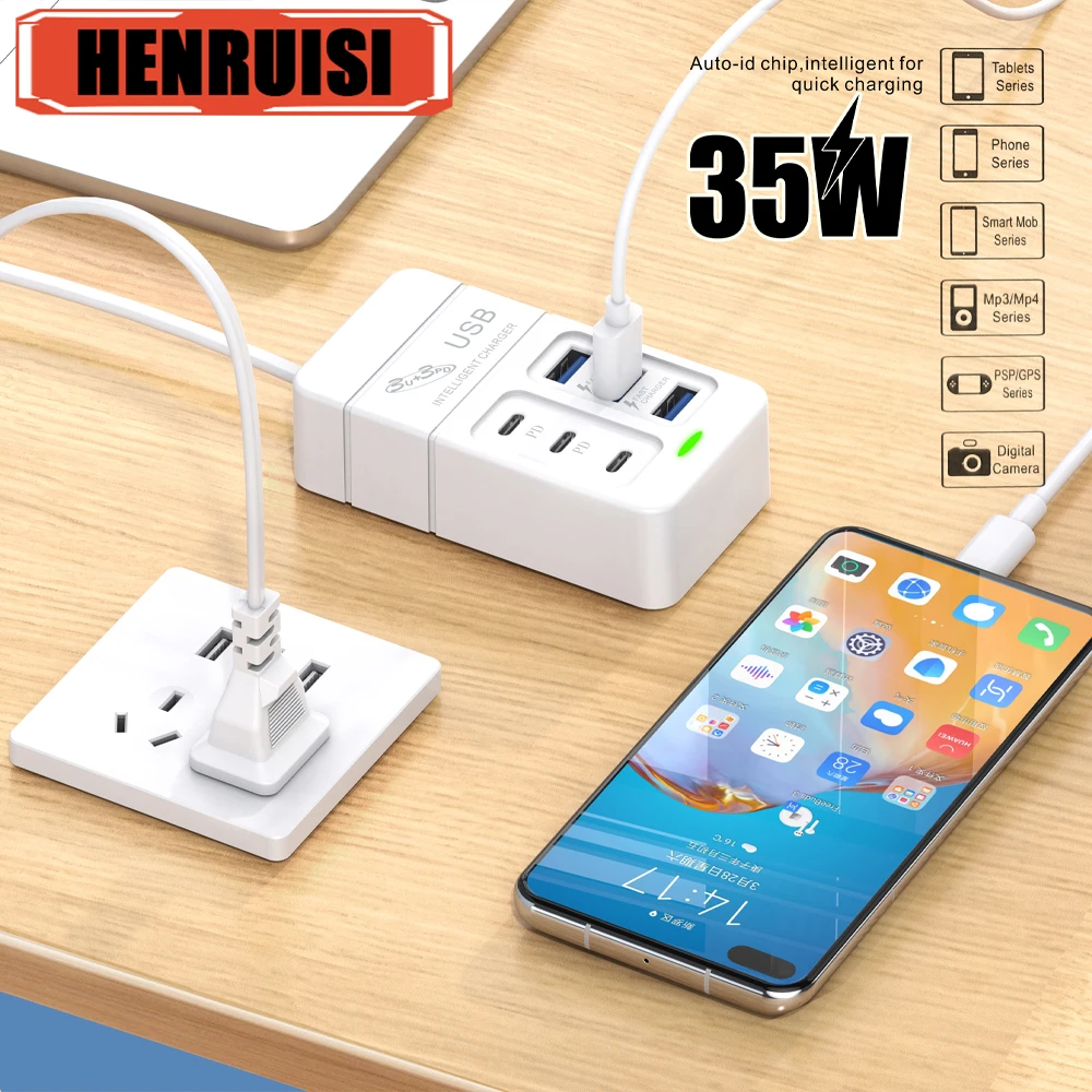 6-in-1 Surge Protector 6-Outlet Extender with 3 USB & 3 Type C Ports Power Strip Multi Plug Outlets Wall Adapter Spaced for Home