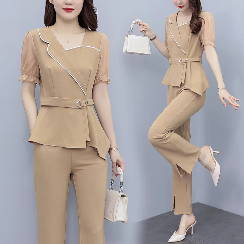 Korean Fashion Oversize Women Sets For Summer 2024 New Irregular Top & Wide Leg Pants 2 Pieces Office Lady Outfits Pantsuits