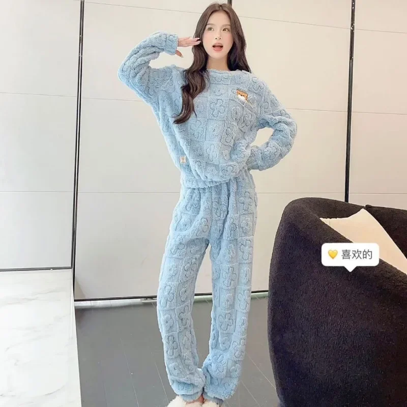 Sleepwear Women Autumn Winter Sleepwear Warm Thicken Pajamas Set Flannel Long Sleeve Nightwear Trouser Coral Fleece Homewear