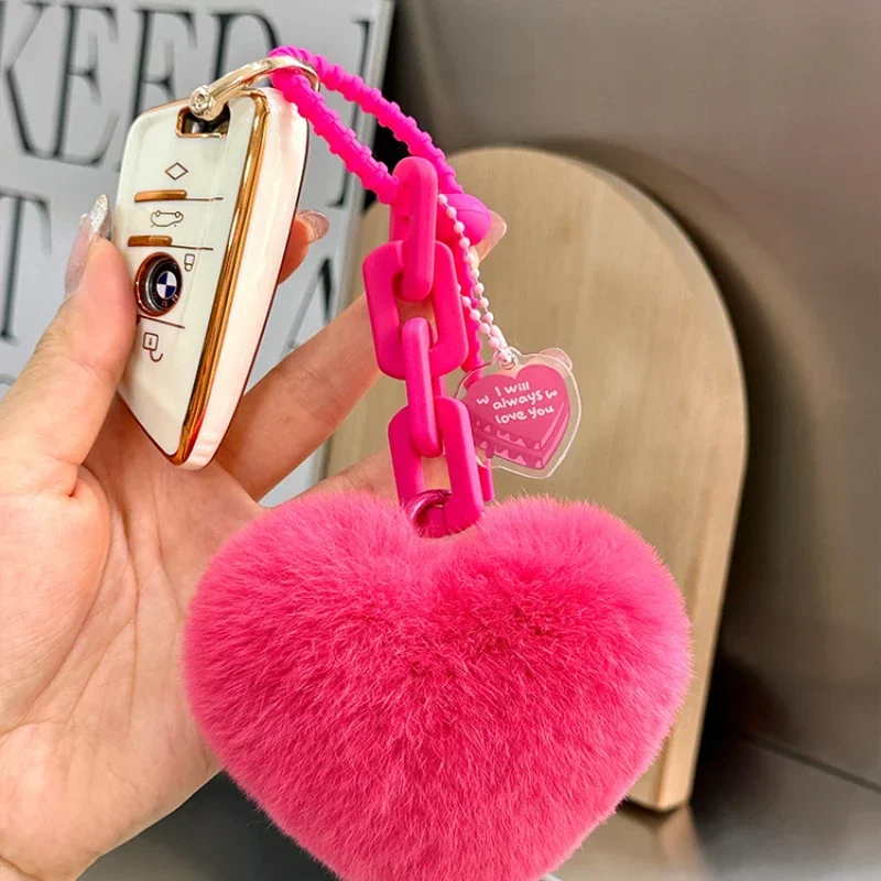 Wholesale Real Rex Rabbit Fur Heart Keychain Creative Silicone Cute Heart Bag Charm Car Keychain Decoration Accessories Gifts