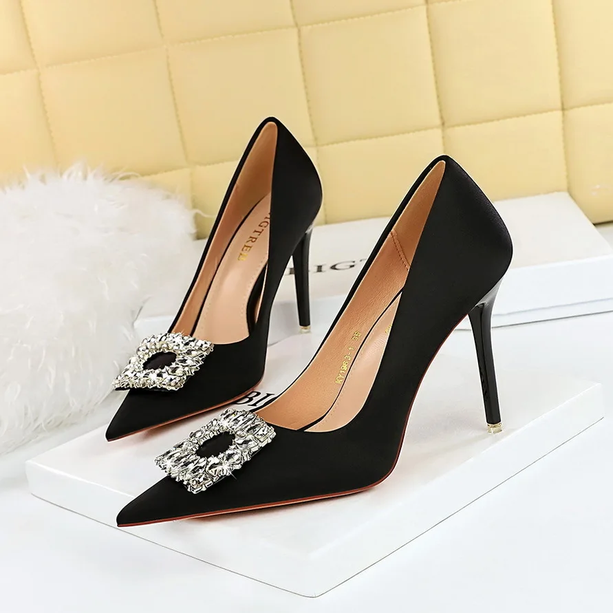 Women Pumps Shoes Wind Spring And Autumn Banquet Women's Super High Heels Shallow Notched Satin Rhinestone Button Single  Shoese