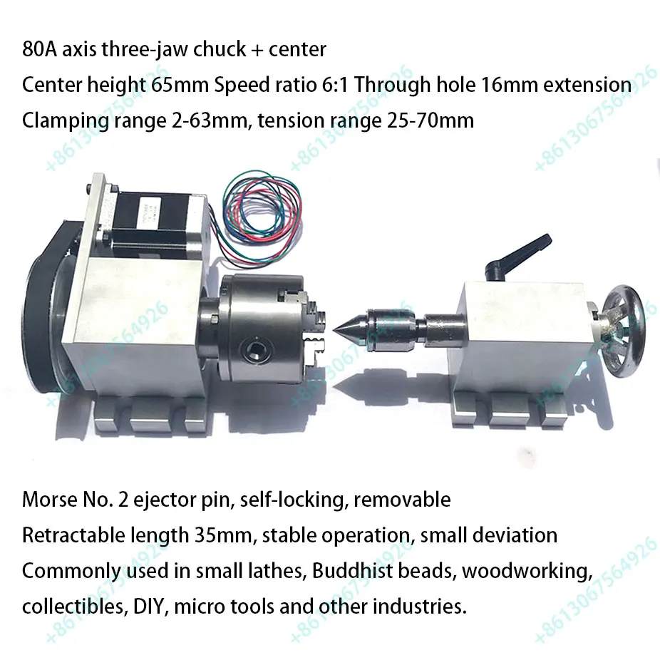 

Nema 23 Stepper Motor 6:1 K12-100 3 4 Jaw Chuck 100mm CNC 4th A Rotary Axis With MT2 65mm Tailstock For Engraver Router