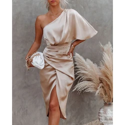 Womens Satin One Shoulder Batwing Sleeve Ruched Bodycon Midi Long Dress Asymmetrical Wrap Front Cocktail Party Dresses