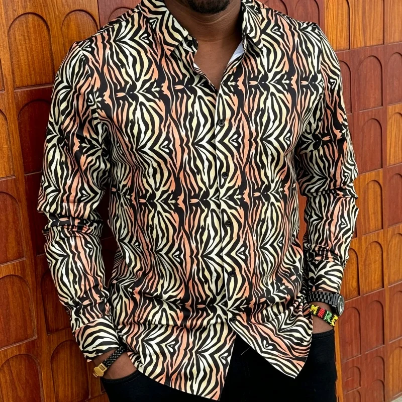 Men's Shirt Long Sleeve Spring Autumn Zebra Animal Stripe Ethnic Splice Print Lapel Button‑Up Street Business Top Mens Clothing