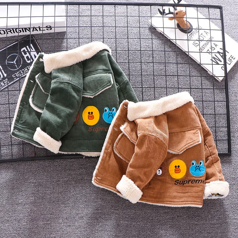 Children\'s Autumn/Winter Fashion Plush Lapel Coat Boys\' Cartoon Pattern Thicken Jacket Kids Casual Cotton Outerwear 9 M-4 Years