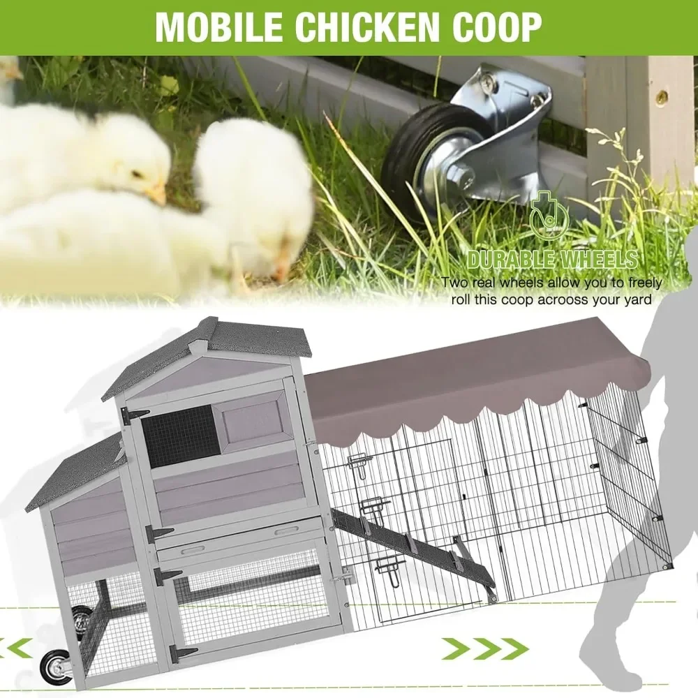 43.6 x 25.2 x 79.1 mobile chicken coop, large all steel frame poultry cage, with running track, waterproof rain cover