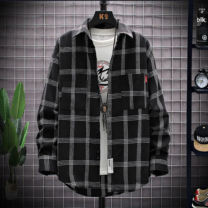 Primavera outono moda tendência coreano simples blusa masculina manga longa camisa xadrez solta casual topo homem todos os jogos streetwear roupas