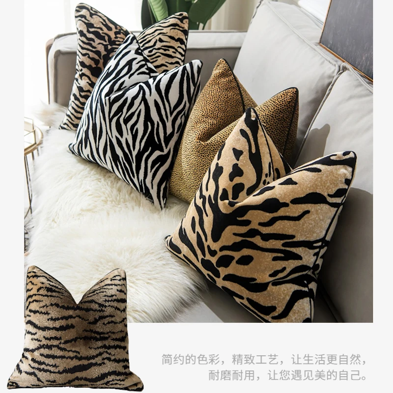 DUNXDECO Animal Printing Collection Zebra Tiger Luxury Velvet Cushion Cover Decorative Pillow Case One Side Print Backside Black