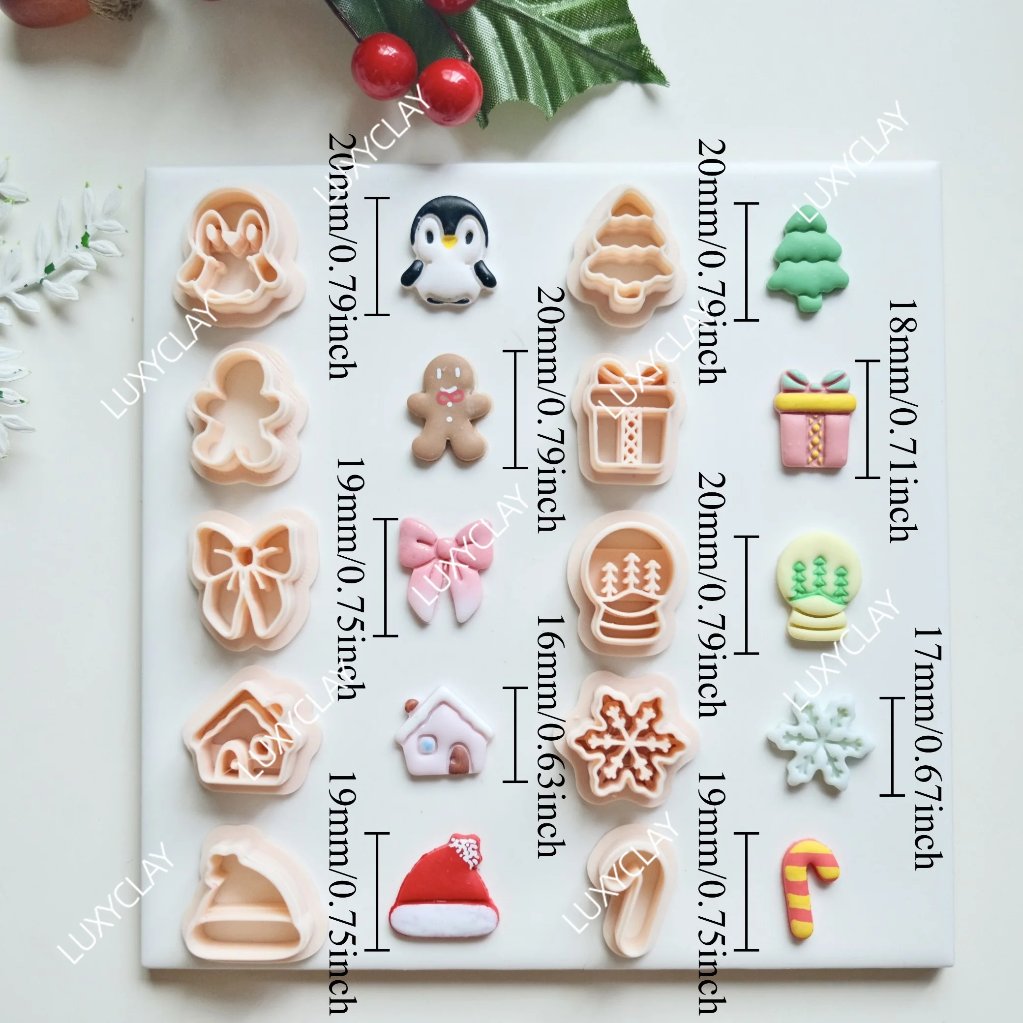 10pcs Christmas Snowflake House Penguin Hat Tree Crutch Gift Box Snowglobe Bow Gingerbread Man Clay Cutters for Jewelry Making