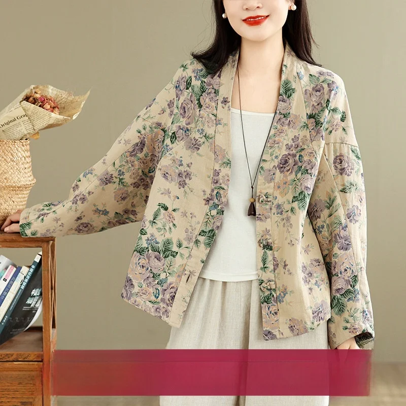 Retro Floral Print Double Layer Diagonal Cotton Thin Outerwear Cardigan Spring Autumn New Style All Match Woven Cloth Women's...