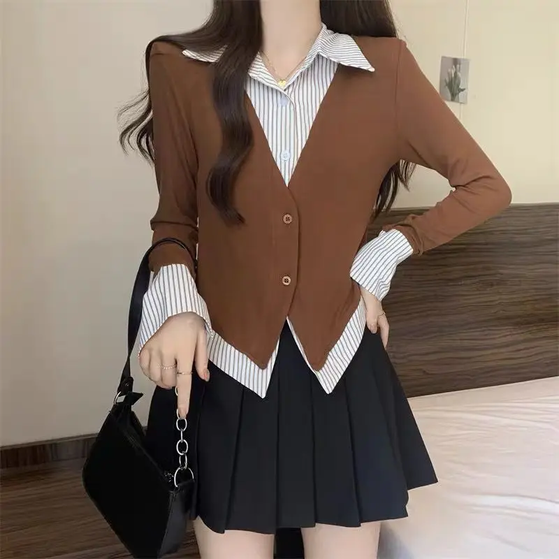 

Fashion Lapel Spliced Striped Fake Two Pieces Blouses Female Clothing 2025 Autumn New Loose Sweet Tops Preppy Style Shirts