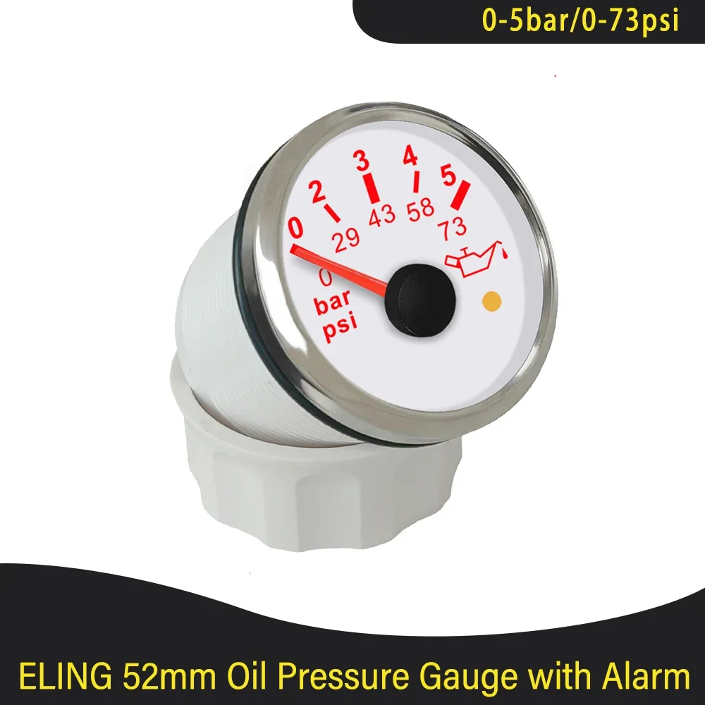 

Universal 52mm Oil Pressure Gauge Meter 0-5Bar 0-10Bar with Red Backlight and Light Alarm for Van Ships Motorcycle 12V 24V