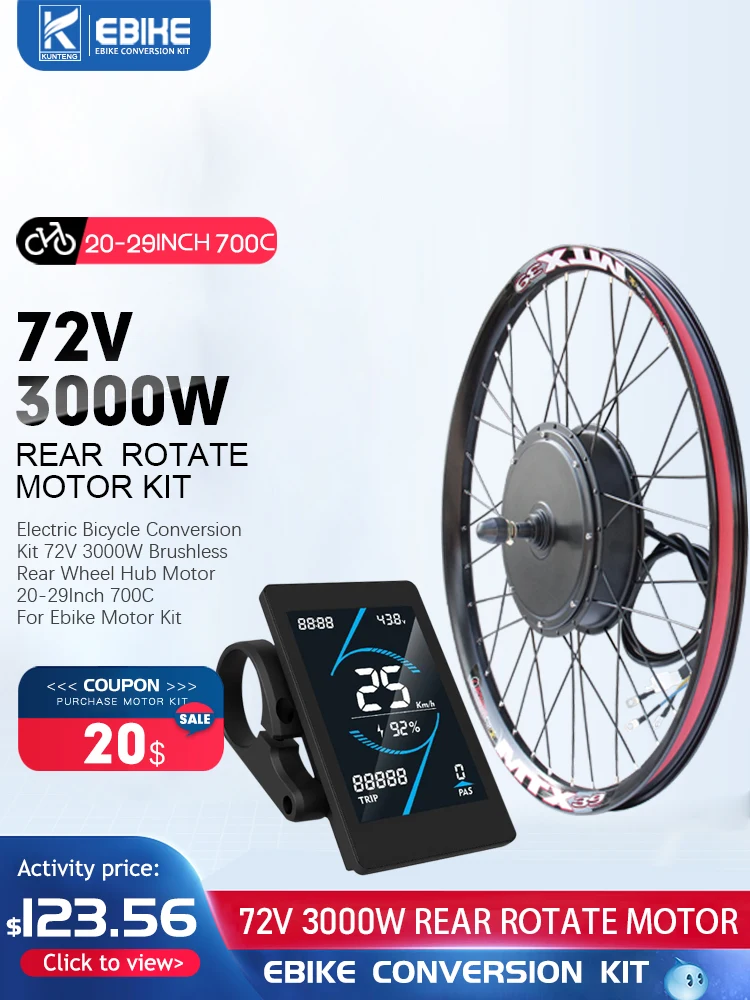 AliExpress E-Bike Conversion Kit 3000W Motor Kit 72V Rear Hub Motor Wheel 105km/h dropout 135mm MTX39 Bicycle Wheel 20-29" 700C Ebike Kit