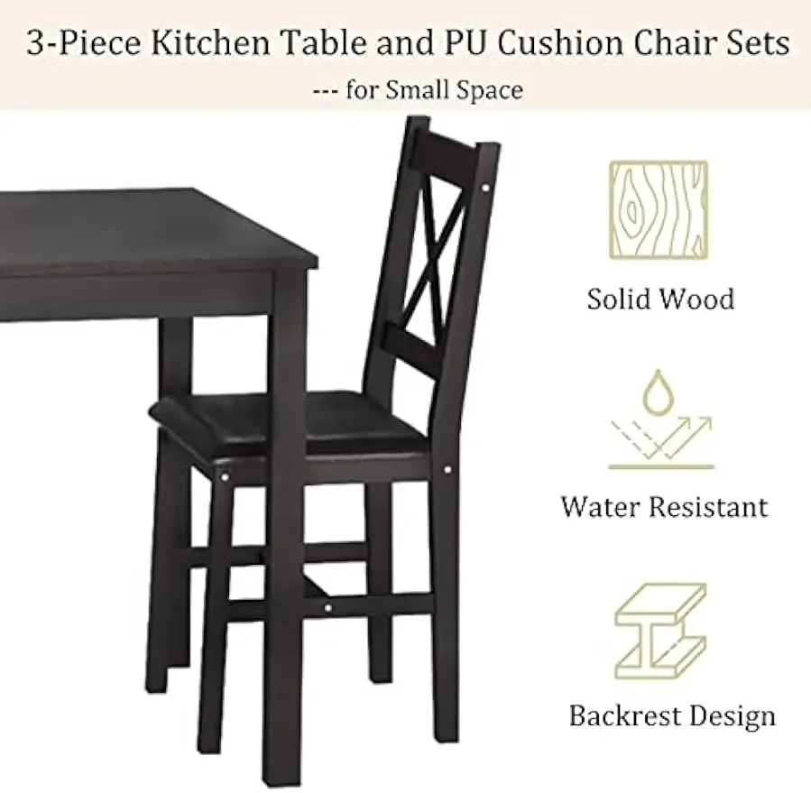 Table Set 3 Piece Dining Set Sturdy Wooden Square and Chair Breakfast Set for 2 Person, Small Dining Room