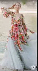 Verngo Exquisite Lace 3D Flowers Tulle Grey Prom Dresses Puff Long Sleeves V Neck Party Evening Gowns Bride Formal Dress