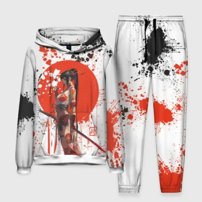 

2025 New Anime Samurai Sword Girl Pattern Hooded Bodysuit Set 3D Printed Sports Shirt 2-piece Set Men's and Women's Casual Set