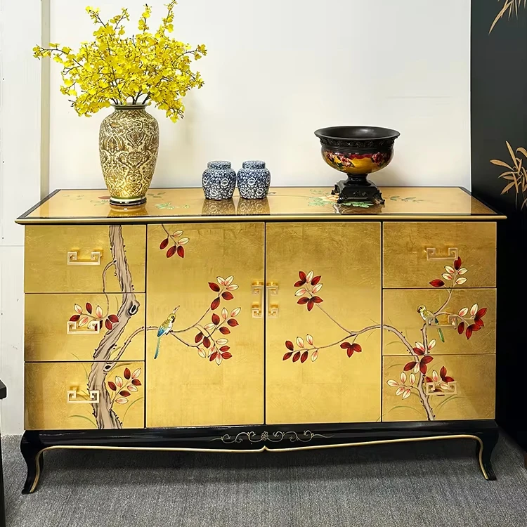 Chinese Style New Solid Wood Living Room Cabinets Gold Foil Baking Paint Decorative Entrance Partition Storage Sideboard Dining