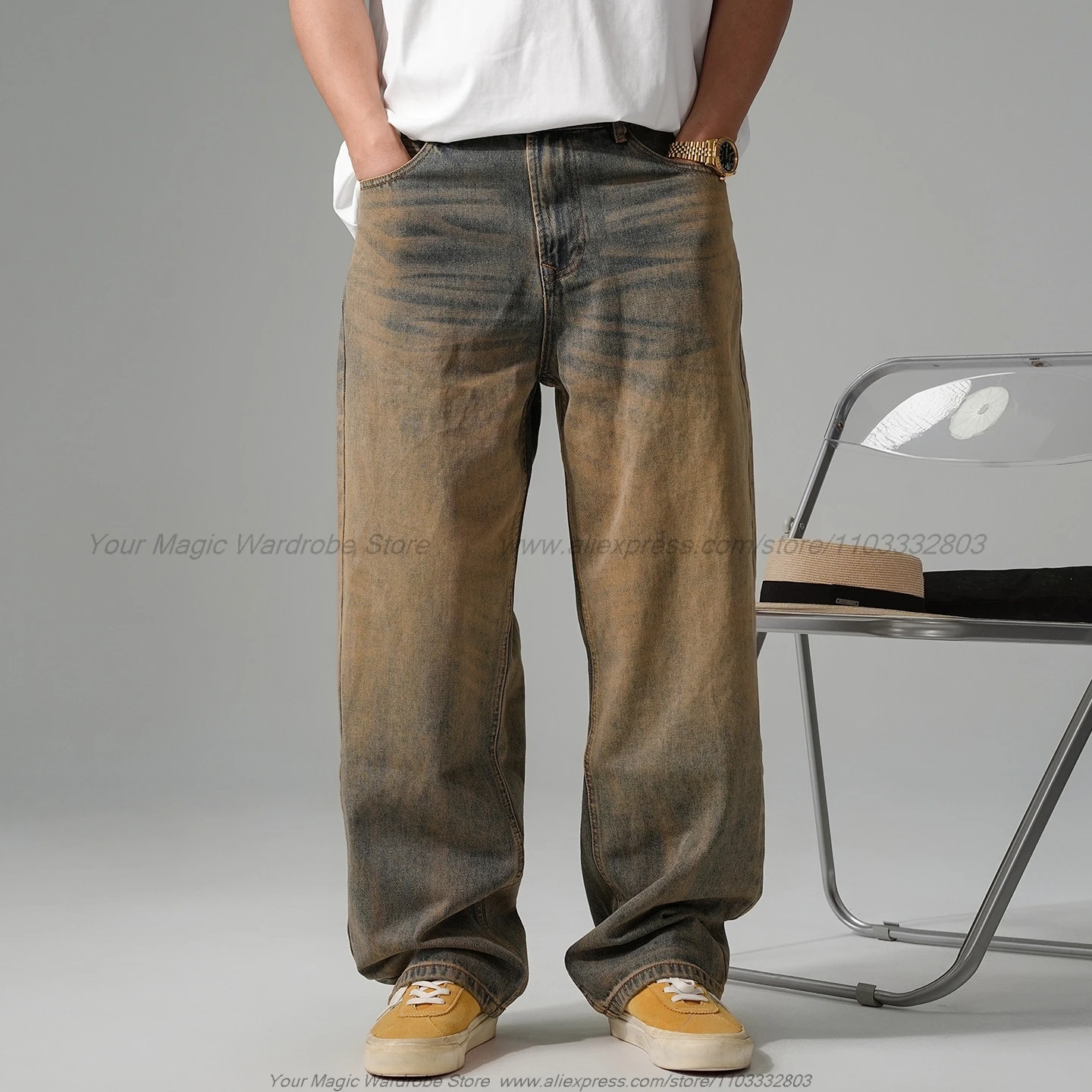Fall 2026 Retro Handsome Distressed Post-Apocalyptic Wasteland Style Yellow Mud Dyed Jeans Men's Straight Loose Wide Leg Pants