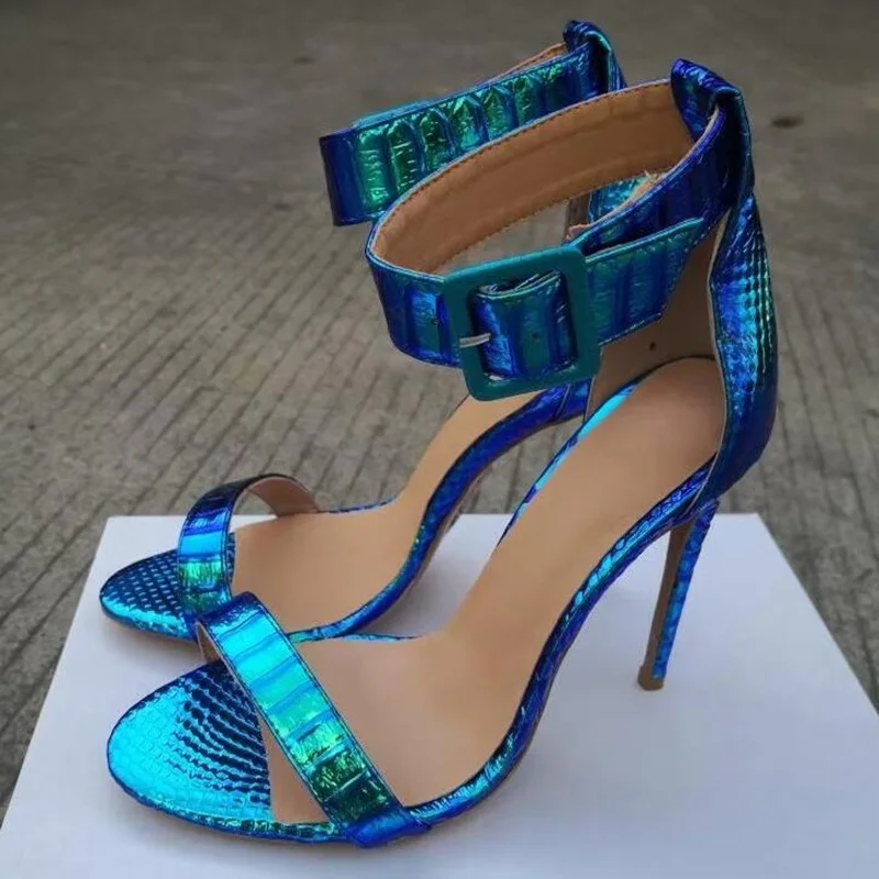 

Customized Blue Silver Fluorescent Leather Women Sandals Cut-out Peep Toe Ankle Strap Buckle Banquet Dress Shoes Snakeskin