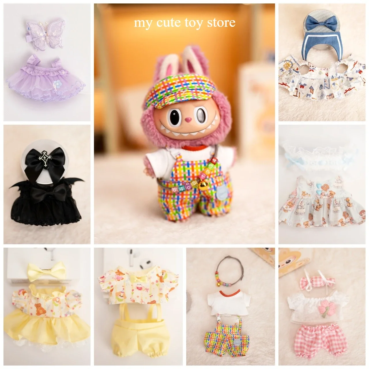 

17cm Labubu Baby Coat Colorful Bubble Gum Checkered Overalls Labubu Doll Plush Toy Doll Costume Baby Coat