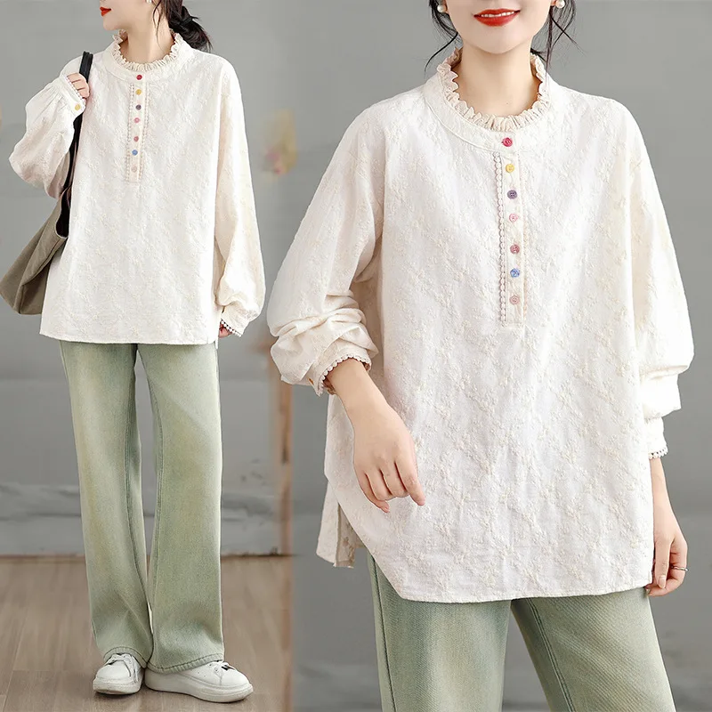 

Women Shirts Embroidered Blouses Lace Button Long Sleeves Stand Collar Slight Strech Loose Fit Streetwear Casual 2026 Spring