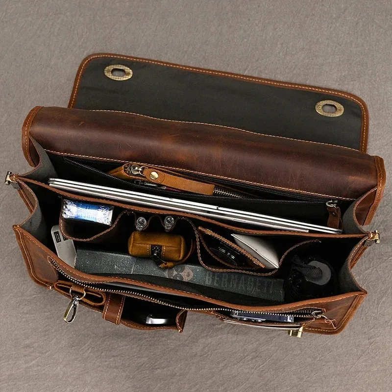 أعلى درجة سميكة جلد طبيعي الرجال حقيبة 15 "كمبيوتر محمول جلد البقر حقيبة أعمال حمل رجل حقيبة مع حزام الكتف