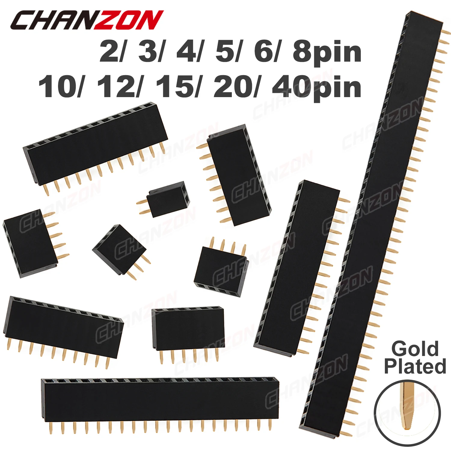 Single Row Female 2 3 4 5 6 8 10 12 15 20 40 Pin Header Gold Plated Solderless 2.54mm Pitch Strip Pinheader Connector