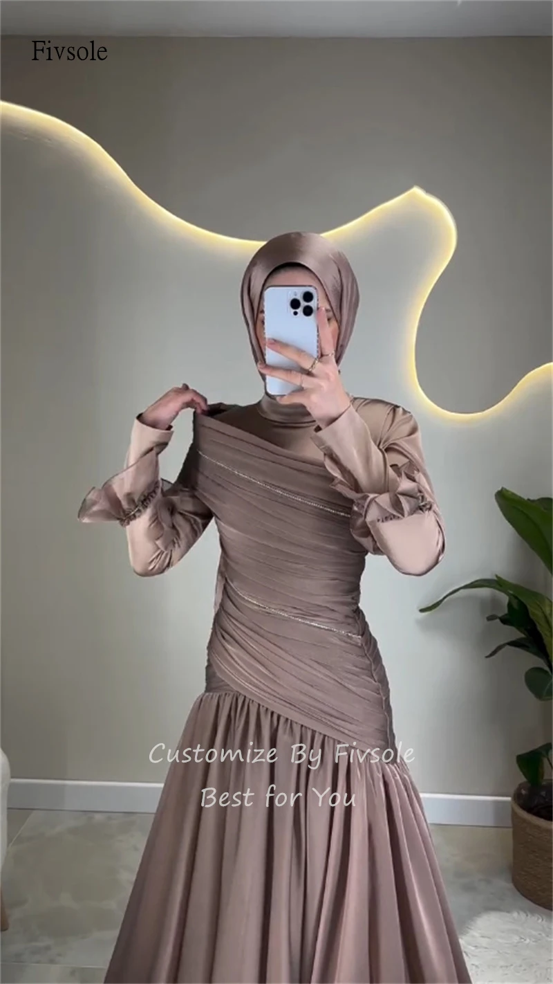 Fivsole modeste moka col haut une ligne robes de bal manches longues asymétrique robe de soirée longueur de plancher robe de soirée personnalisée