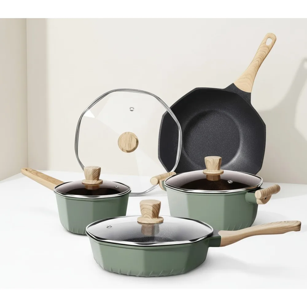 

Набор посуды с антипригарным покрытием из 8 предметов, индукционные кастрюли и сковородки со стеклянными крышками, все необходимое для кухни без PFOS/PFOA