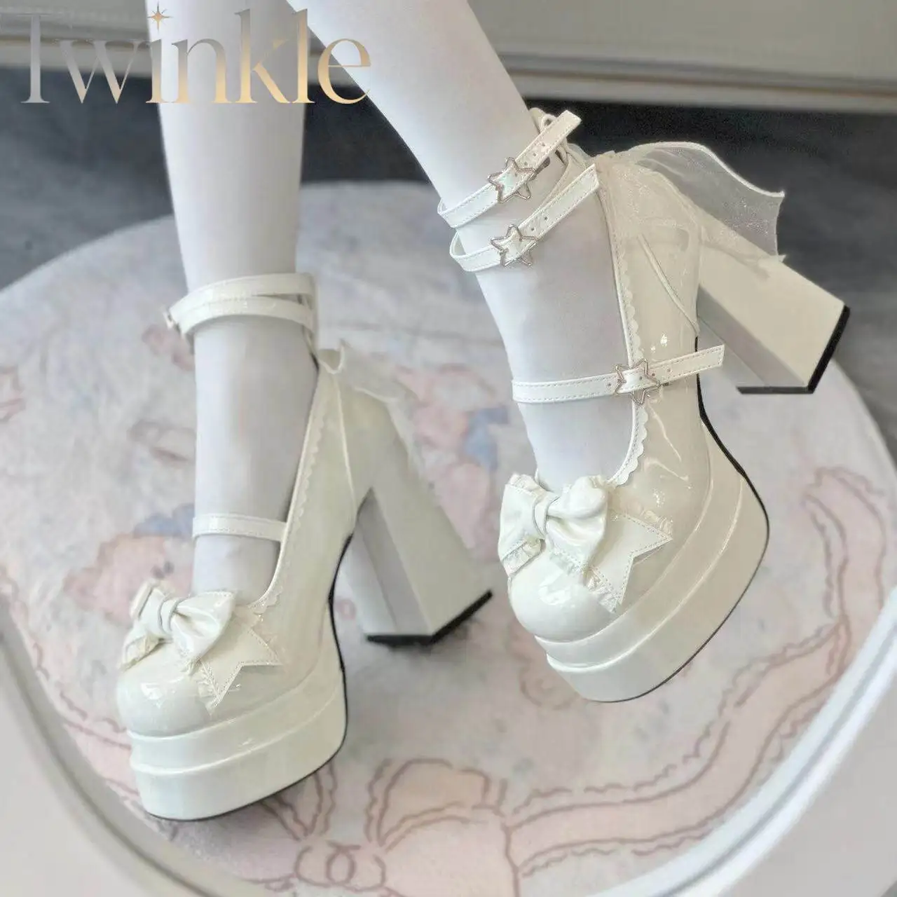Lolita Shoes Women Girls Cute Sweet Round Toe High Heels White Pearl Chunky Heel Pumps Prom Party
