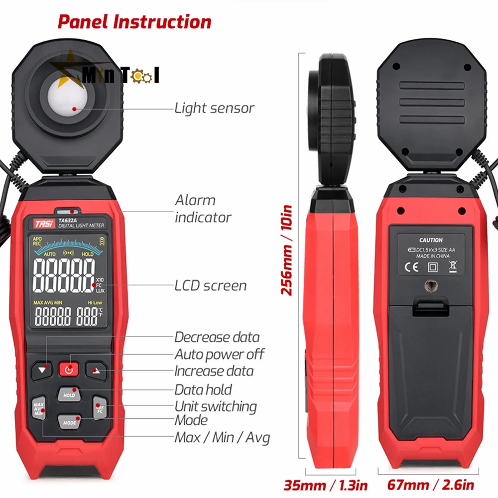 TA632A/B Digital Light Meter Photography Luxmeter Detachable Probe Illuminometer Lux/Fc Photometer Tester Measuring Tools