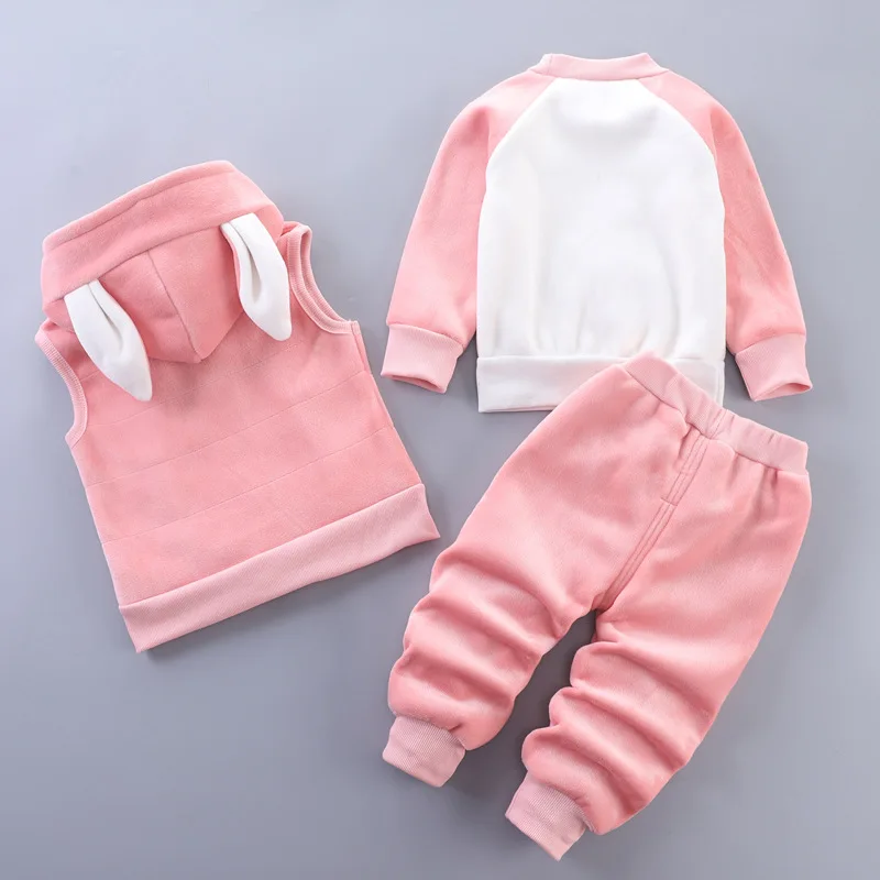 Autumn Winter Baby Girls Clothing Set Cartoon Rabbit Sweatshirt+Pants+Vest 3Pcs Suit For Toddler Girls Keep Warm Clothes Outfit