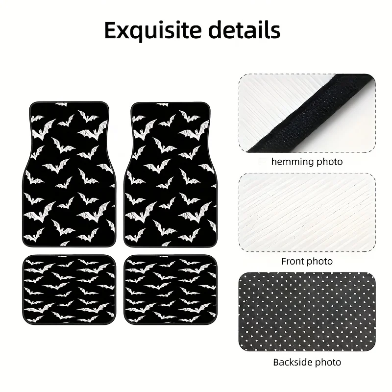 4pcs Bat Style Car Floor Mats- Black With White Bat Silhouettes, Durable, Fit For Front& Rear Seats, Stylish Interior Protection